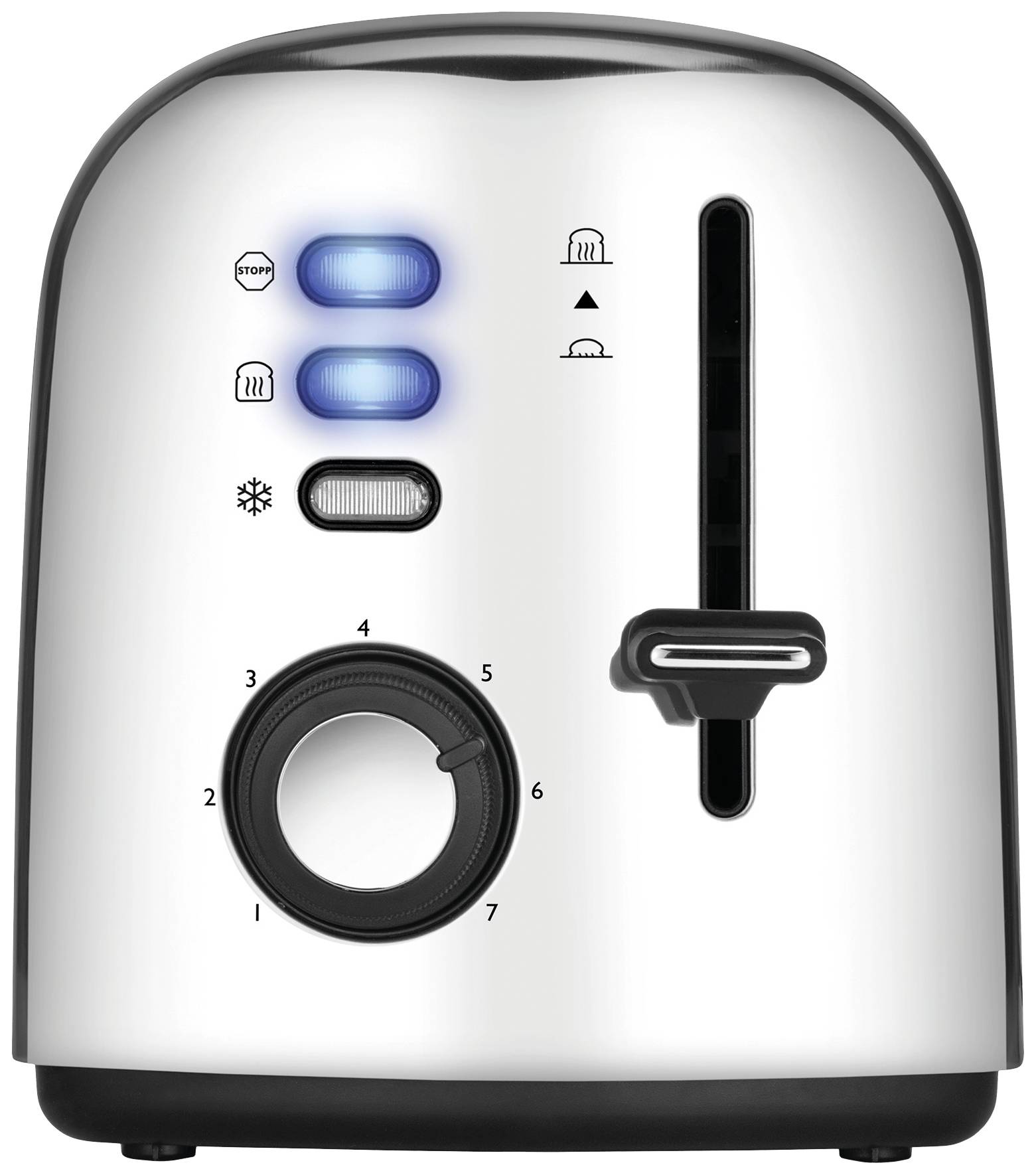 A silver toaster with blue lights, seven browning levels, defrost function, stop button, and two slots for bread slices.