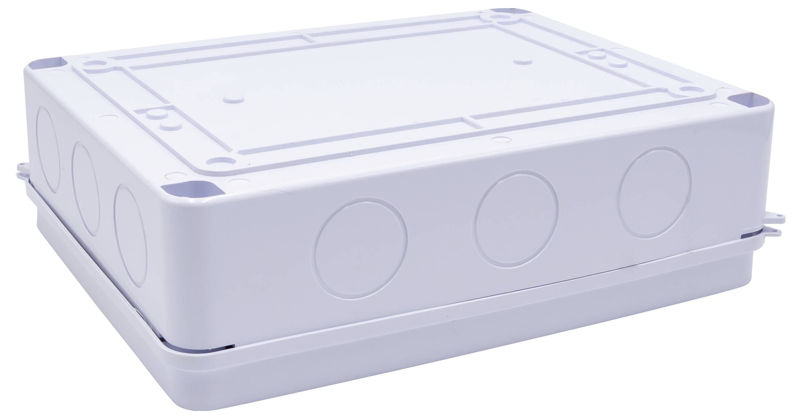 White electrical socket with multiple circular knockout holes on the sides, designed for cable entry.