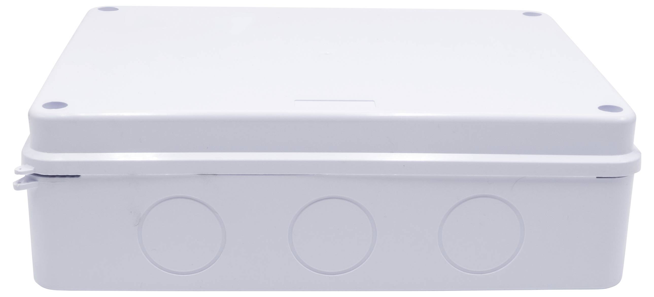 White rectangular plastic box with rounded corners and cable entry points on the sides. Used for electrical installations.