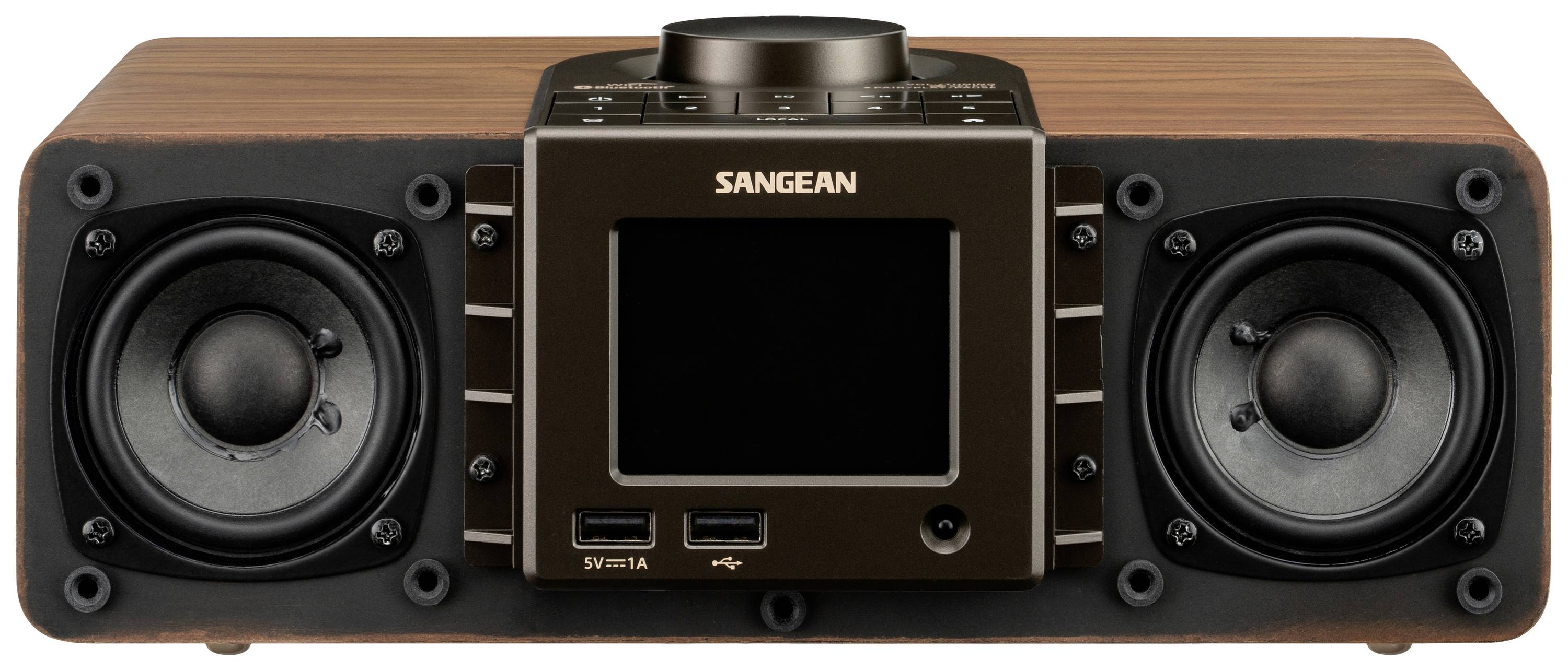 'Wooden amplifier with a central display and two speakers on the left and right. Two USB ports and volume control on the top.'