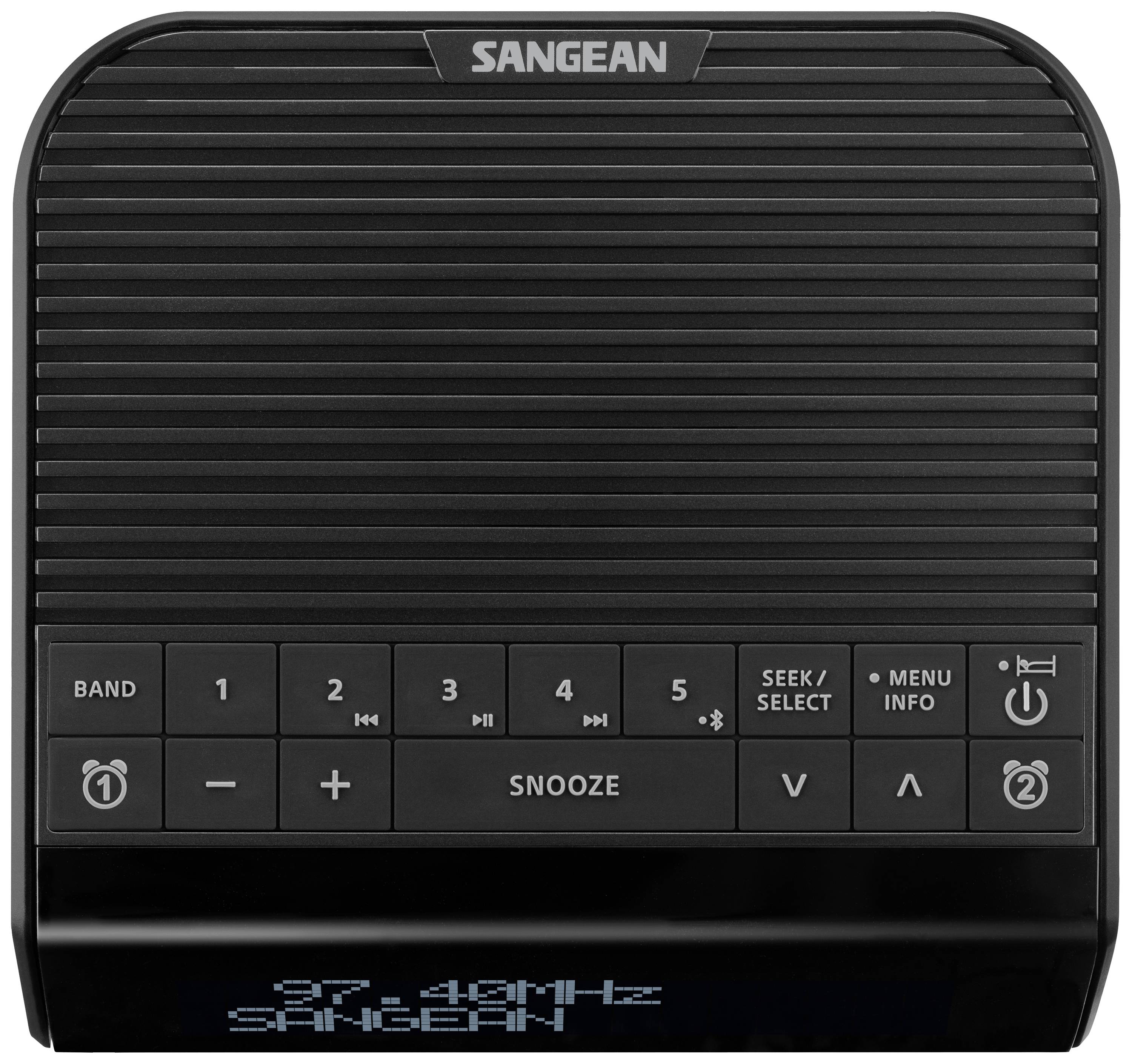 Digital radio with a display, buttons for station selection and volume, showing '87.49MHz'. Brand: Sangean.
