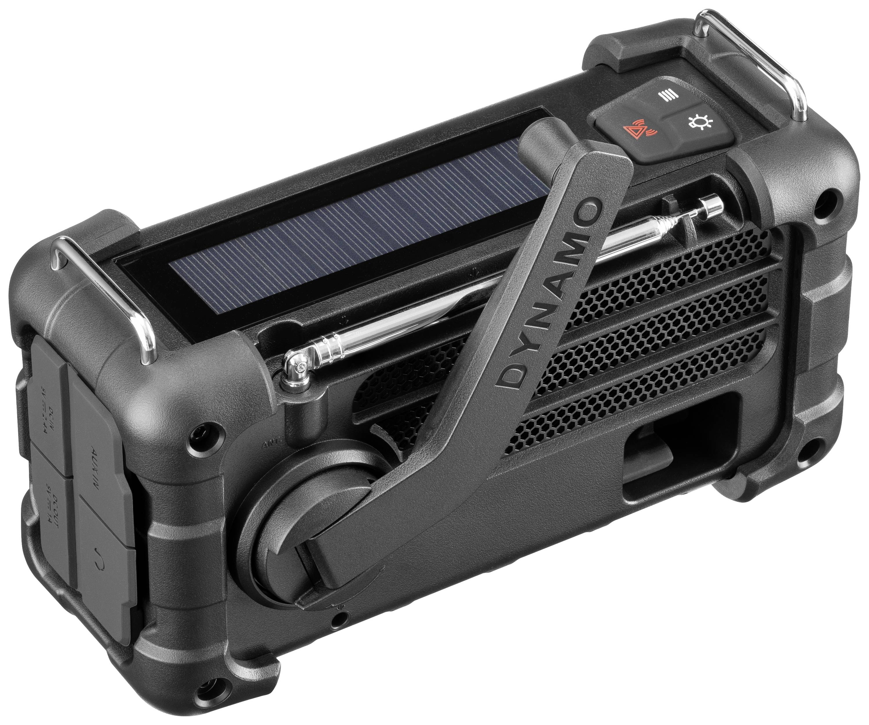 Black, portable radio with solar panel and hand crank, marked with 'Dynamo', contains buttons and settings for emergency use.