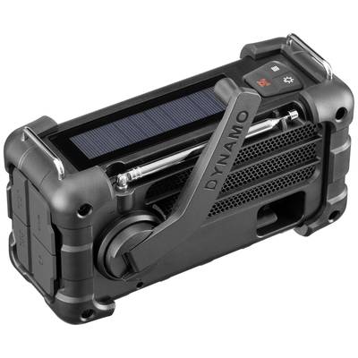 Black, portable radio with solar panel and hand crank, marked with 'Dynamo', contains buttons and settings for emergency use.