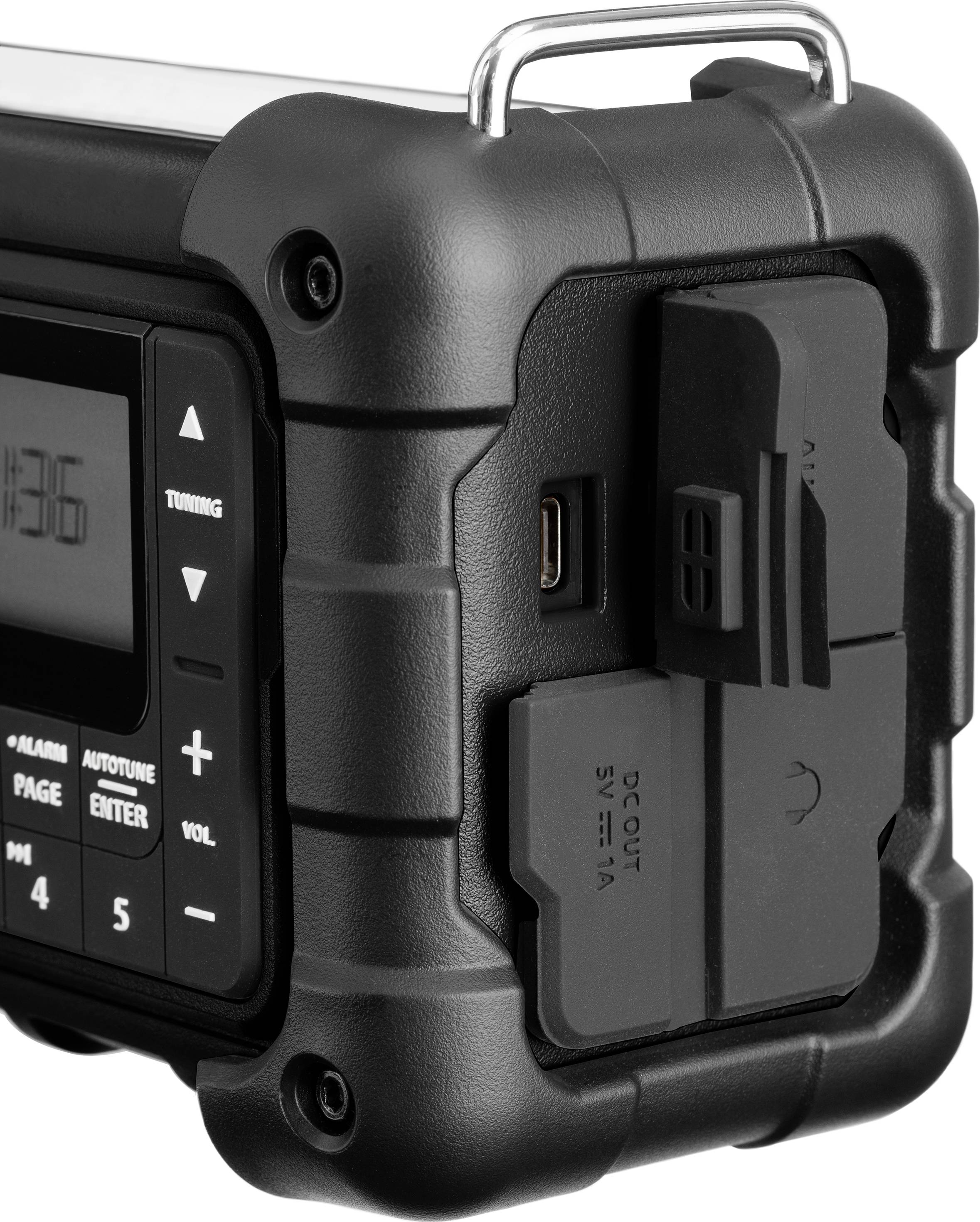 Portable, rugged radio with digital display, keypad and USB port, suitable for outdoor use.