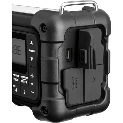Black portable radio with a robust casing and visible USB port. Screen displays function buttons and volume control.