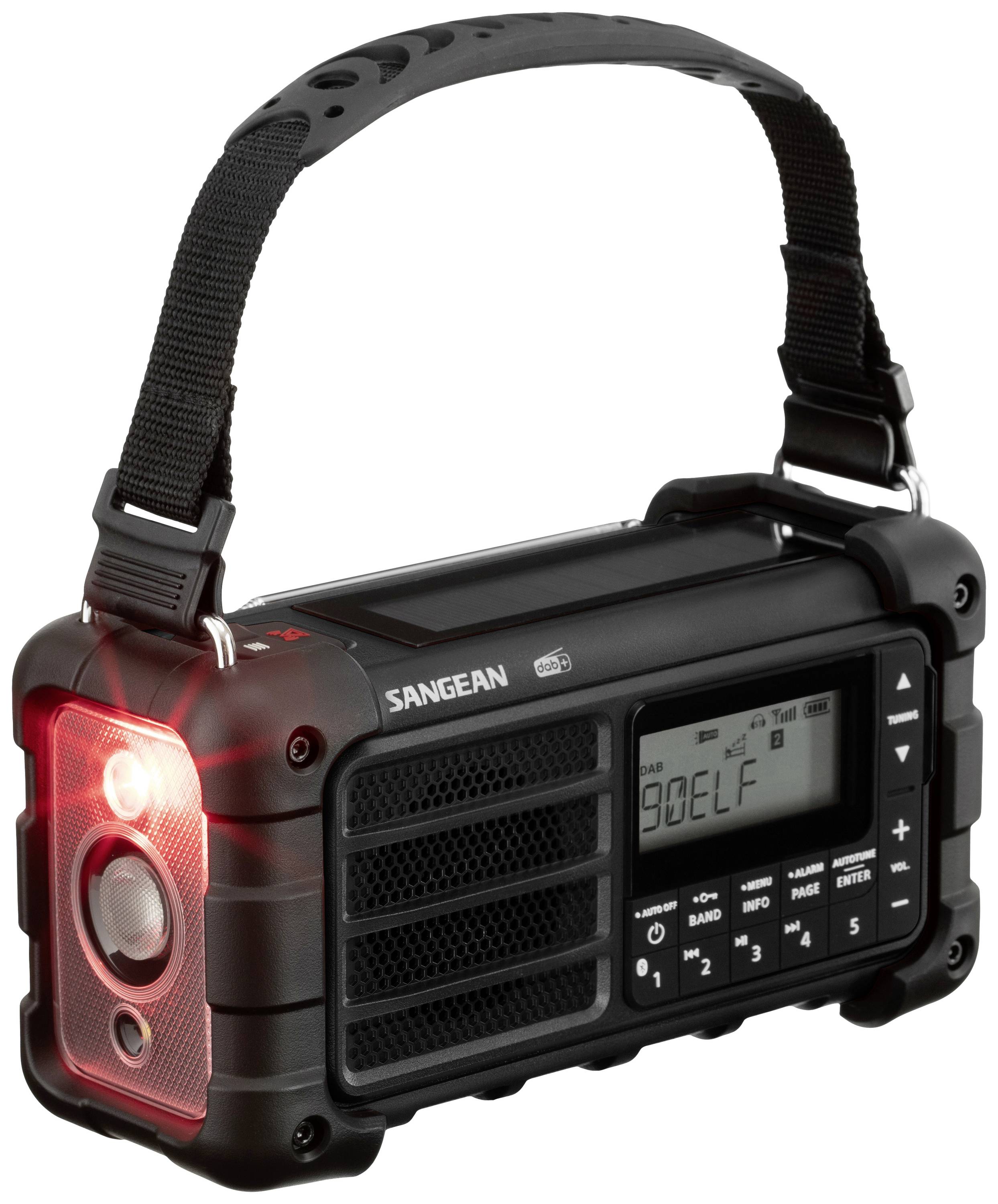 A portable radio with a robust casing and carrying handle, displaying station information on the screen and featuring controls on the front panel.