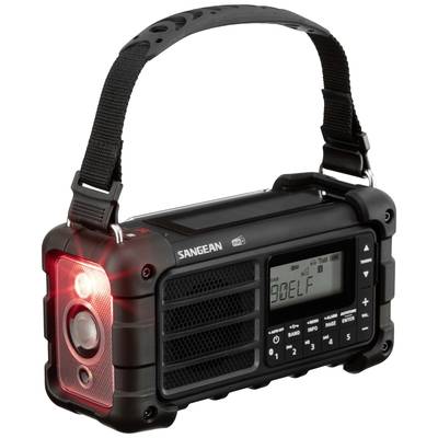 A portable radio with a robust casing and carrying handle, displaying station information on the screen and featuring controls on the front panel.