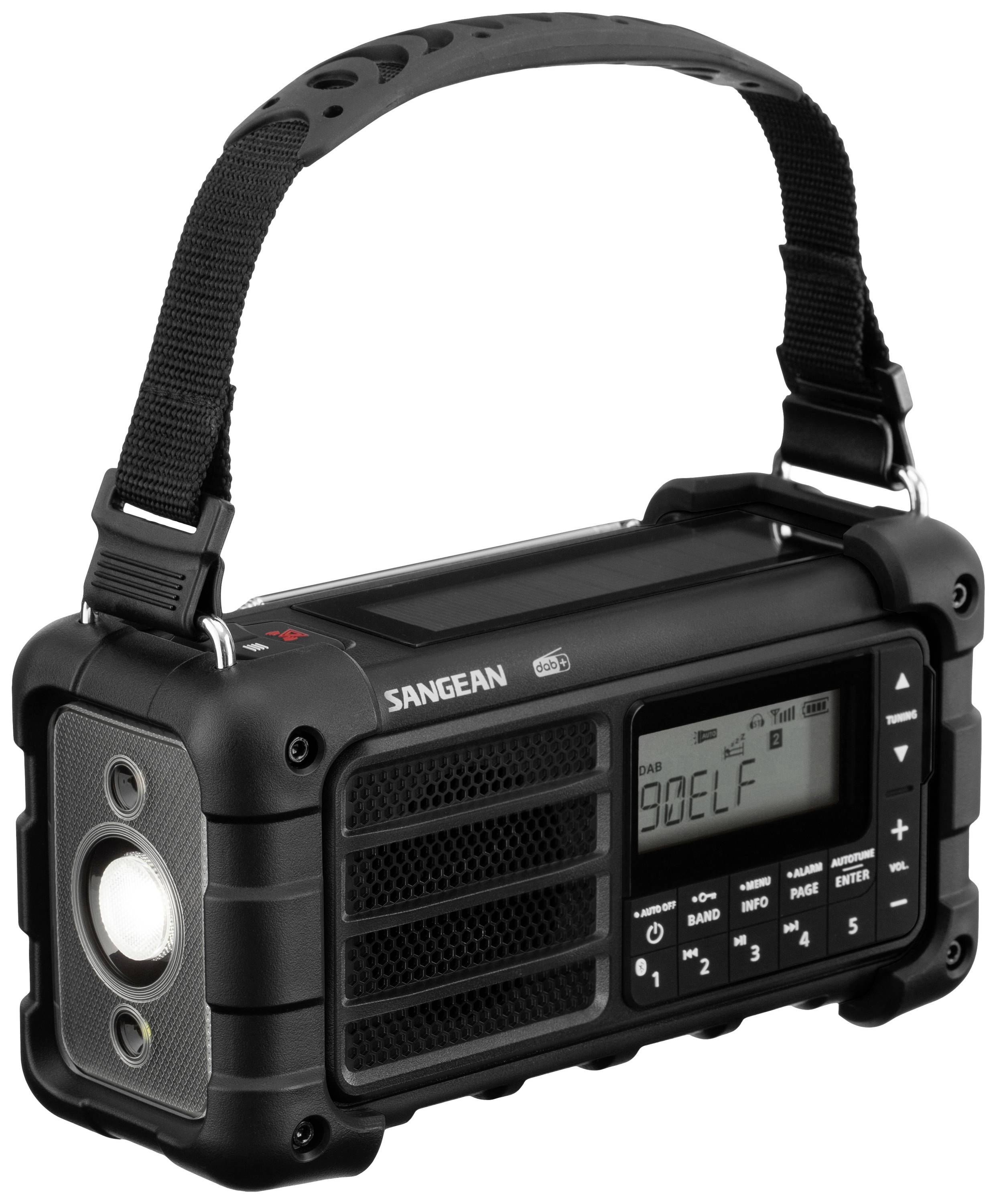 A portable, black radio with a handle and display showing the frequency '90.8 FM'. A speaker is visible on the left side.