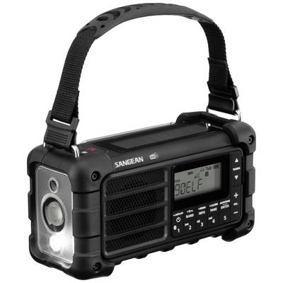 A portable, black radio with a digital display and station tuning, featuring a carry strap and a robust design.