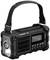 A portable, black radio with a digital display and station tuning, featuring a carry strap and a robust design.