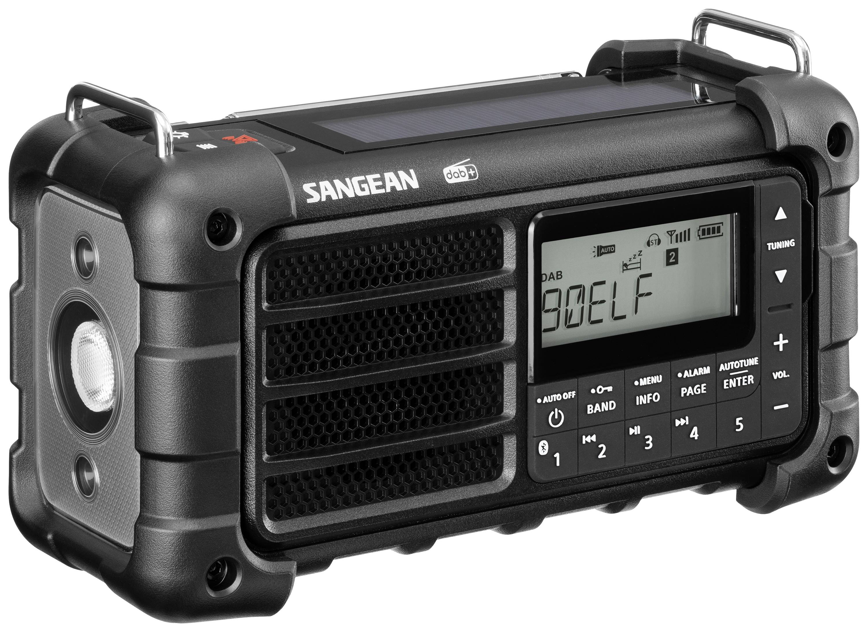 Portable DAB+ radio with robust design featuring digital display and buttons for station, band, info, and volume. Perfect for outdoor use.