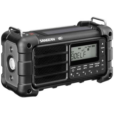 Portable DAB+ radio with robust design featuring digital display and buttons for station, band, info, and volume. Perfect for outdoor use.