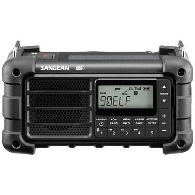 A portable, robust DAB+ radio by Sangean with a solar panel on the top, displaying the station '90ELF' on the screen.