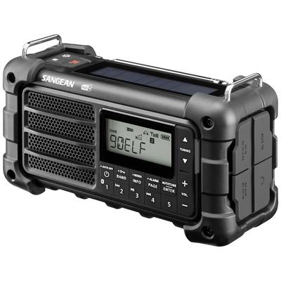 A portable, rugged radio with a solar module and digital display, set to '90 ELF'. Brand name visible.