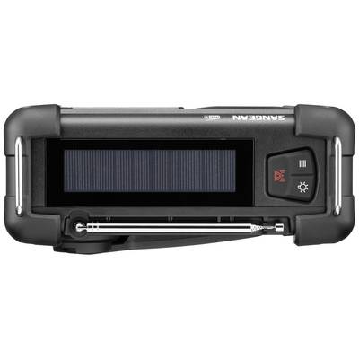 Radio with solar panel on the top surface and control buttons on the right side.