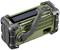 Portable green emergency radio with hand crank and solar panel, specifically designed for outdoor activities and emergencies.