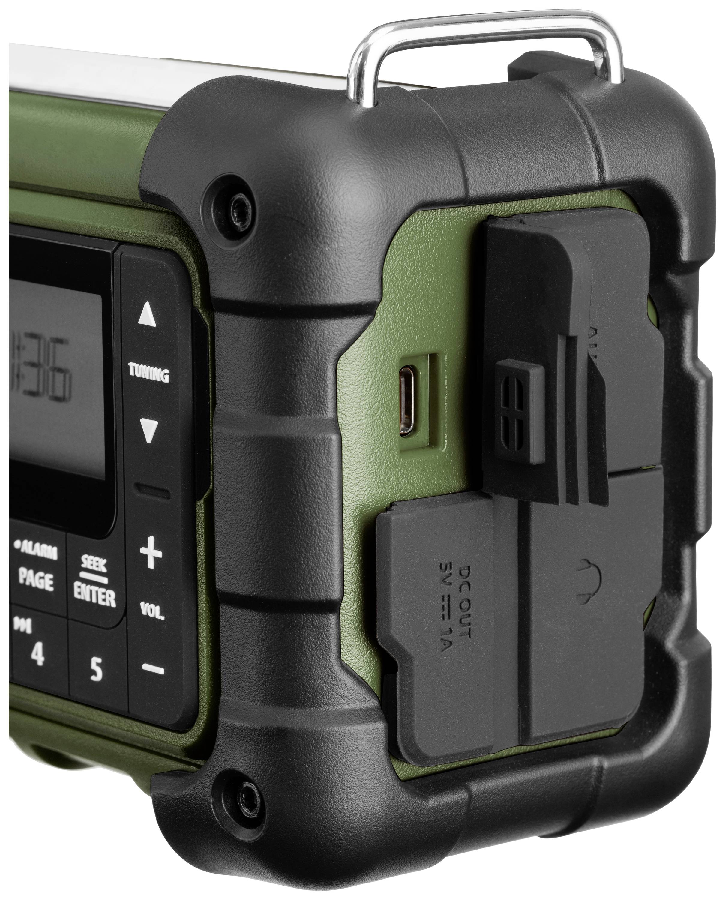 A robust, portable device in military green with a black protective casing. It features a display and control buttons on the side.