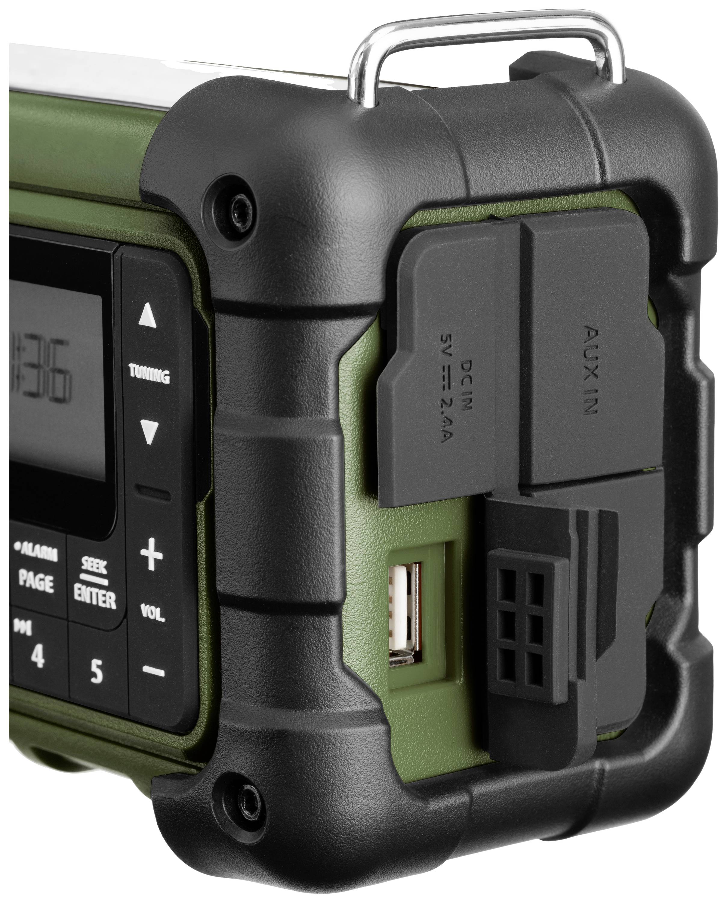 A portable, robust device with USB charging port and AUX input, suitable for outdoor use.