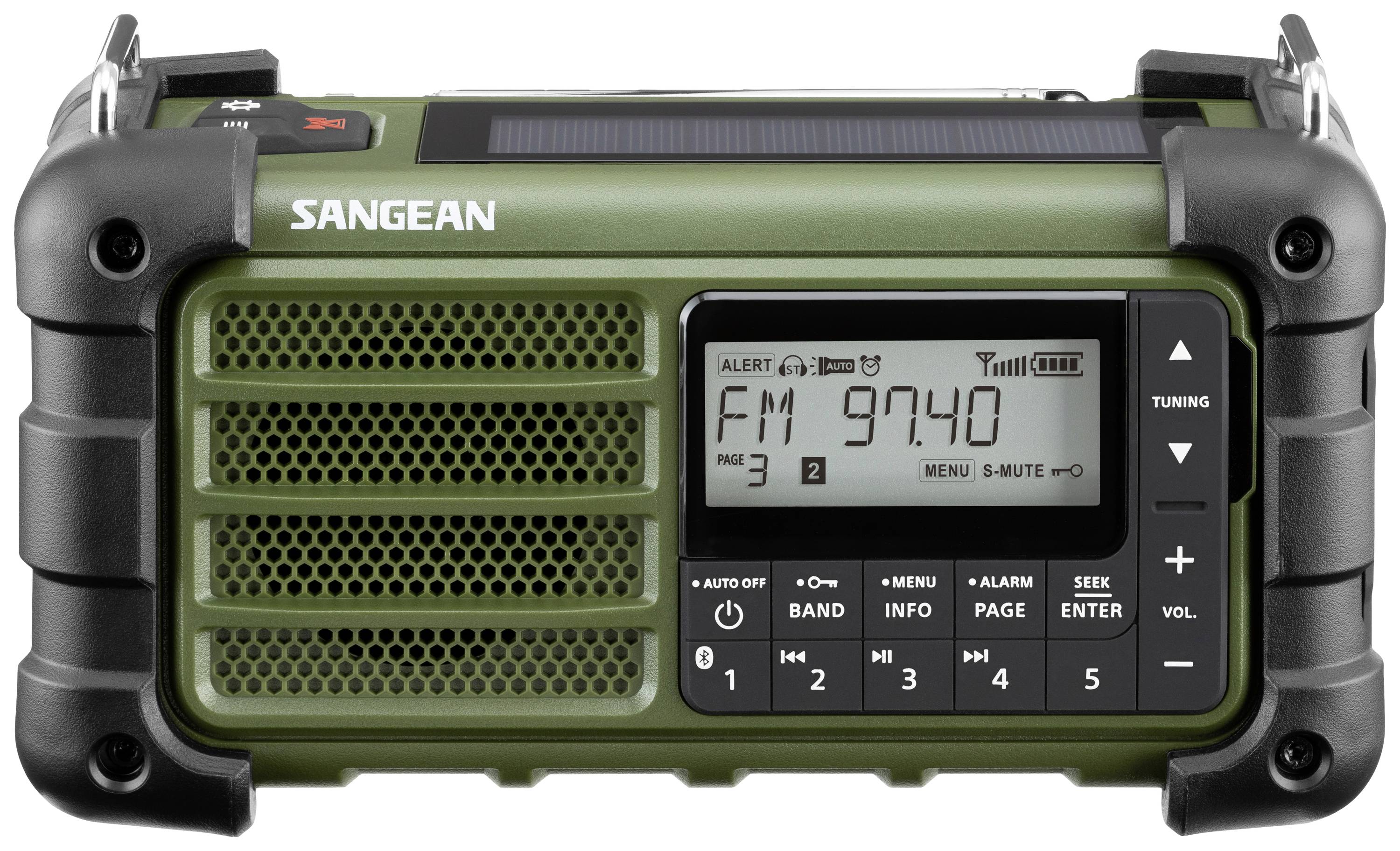 Green portable radio with solar charging function and digital display showing 'FM 97.40'. Buttons for band selection, volume, and station search.
