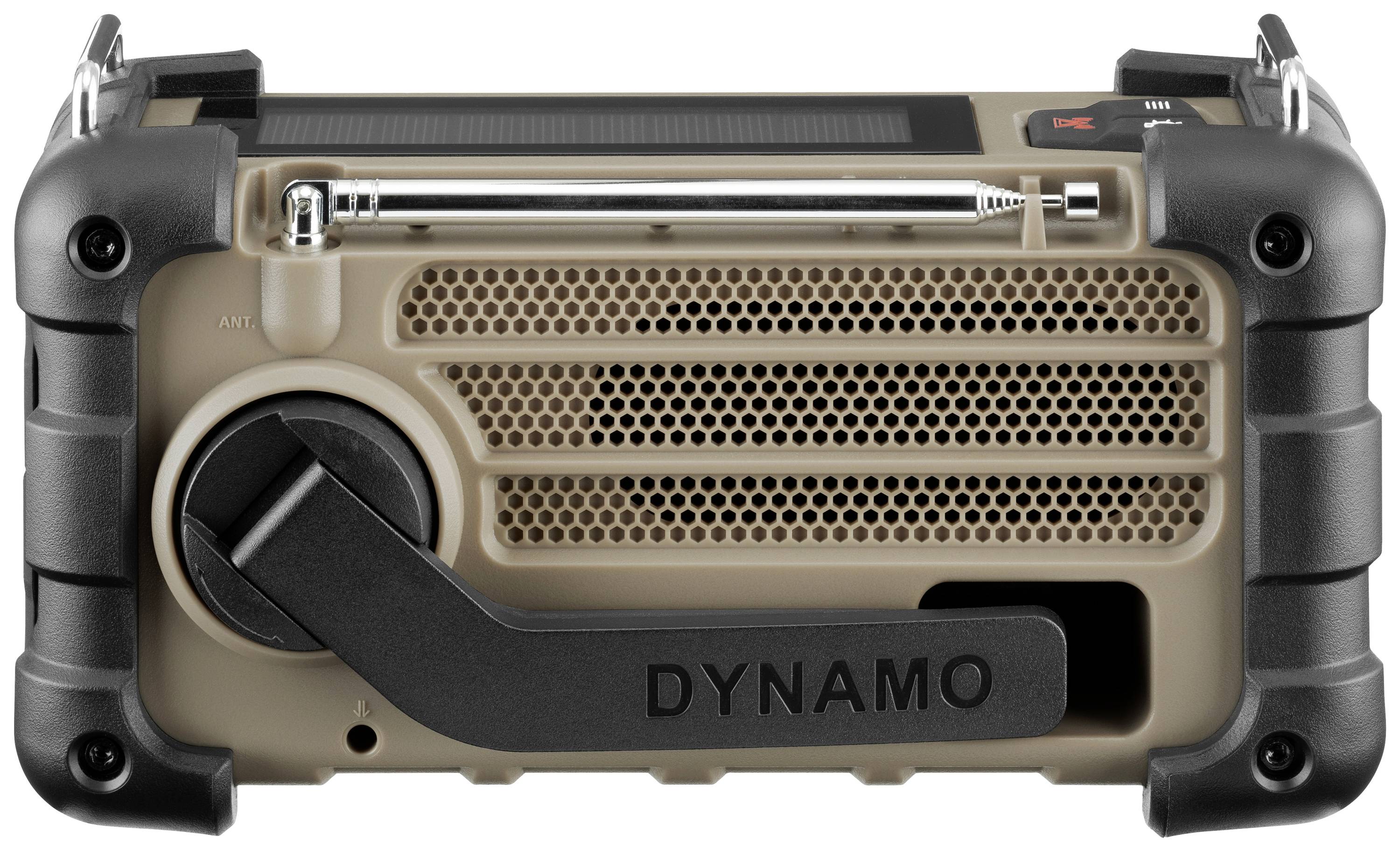 Portable dynamo radio with hand crank and solar panel on top, compact and robust, ideal for outdoor use or emergency situations.