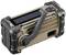 Portable emergency radio with hand crank and solar panel, rugged design, side buttons and antenna. Suitable for outdoor activities.