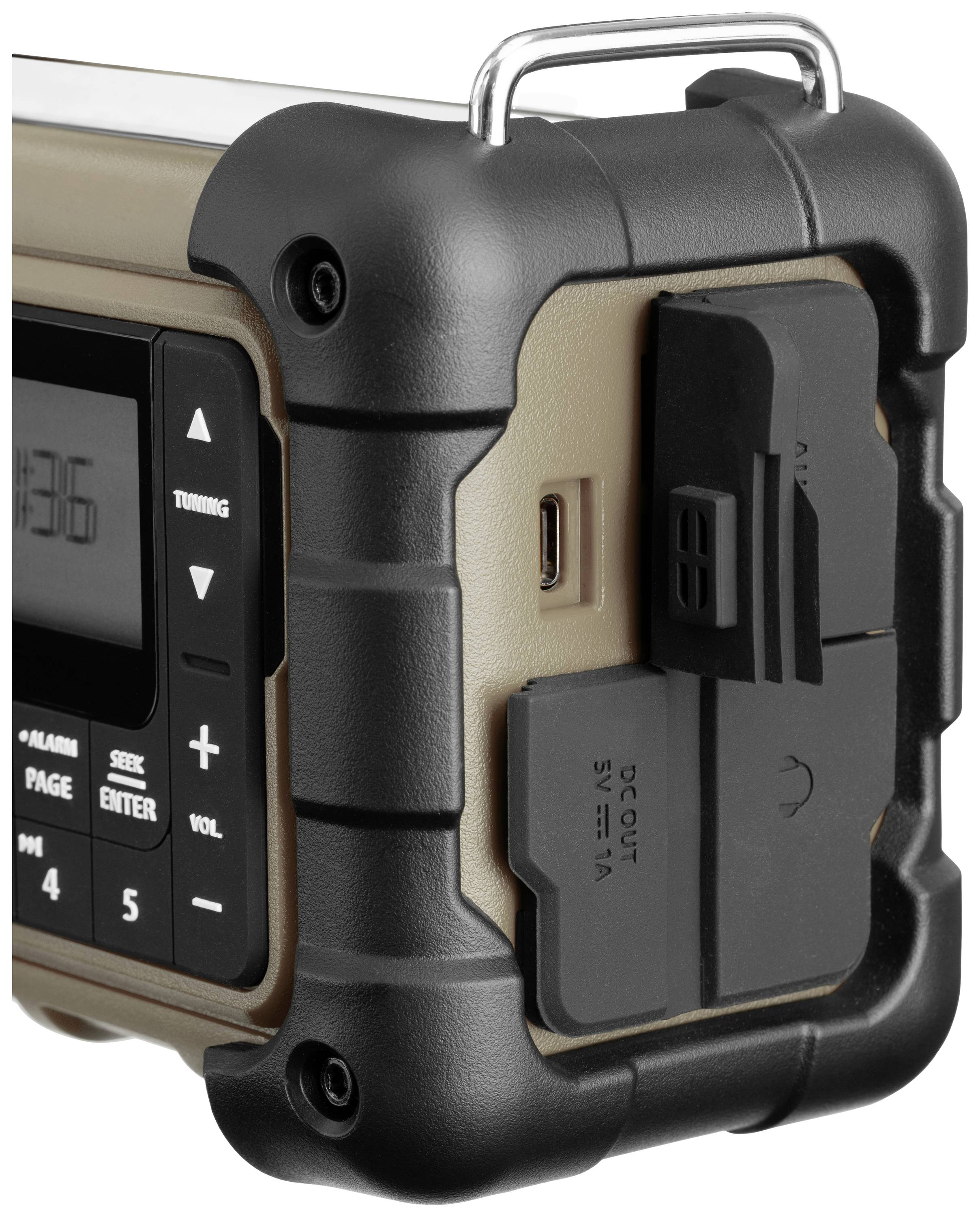 Portable radio with robust design, black protective frame, tuning and volume buttons. USB and DC OUT ports on the side.