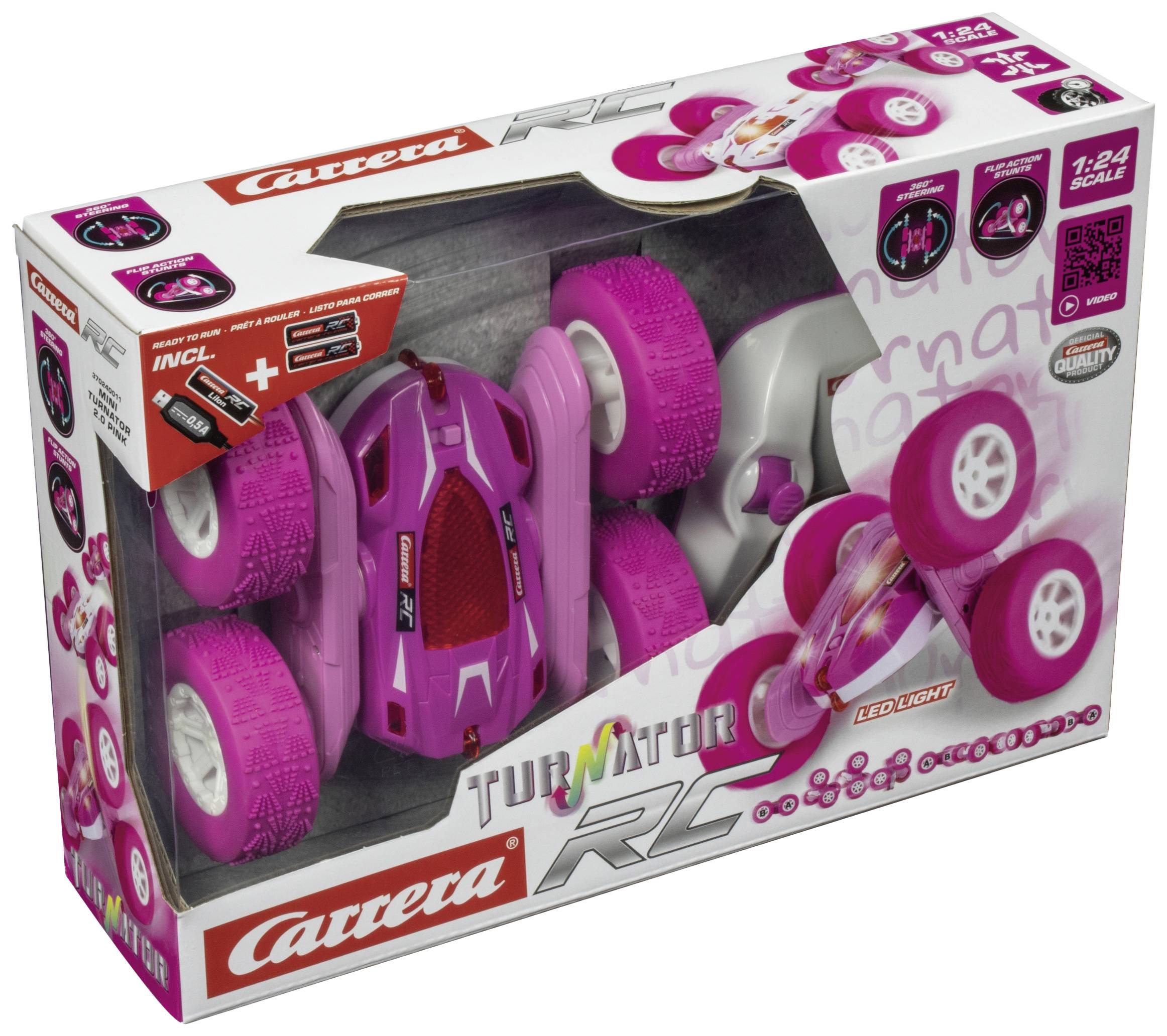 'Carrera RC Turbo Turnator' Remote Control Car in pink packaging. Shows a toy car with pink wheels, suitable for ages 6 and up.