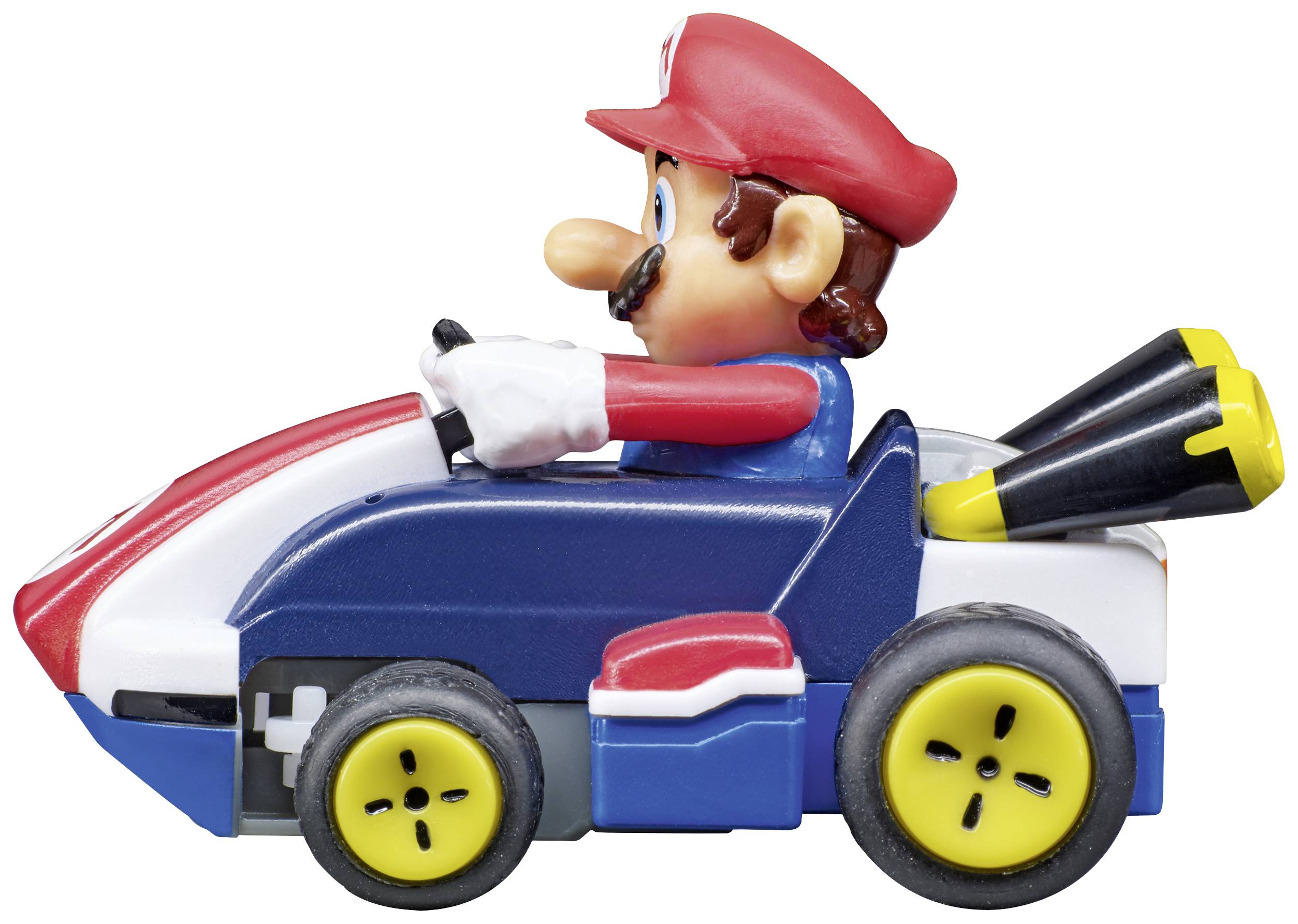 A small toy car with a red, blue, and white design, steered by a figure wearing a red hat and moustache.