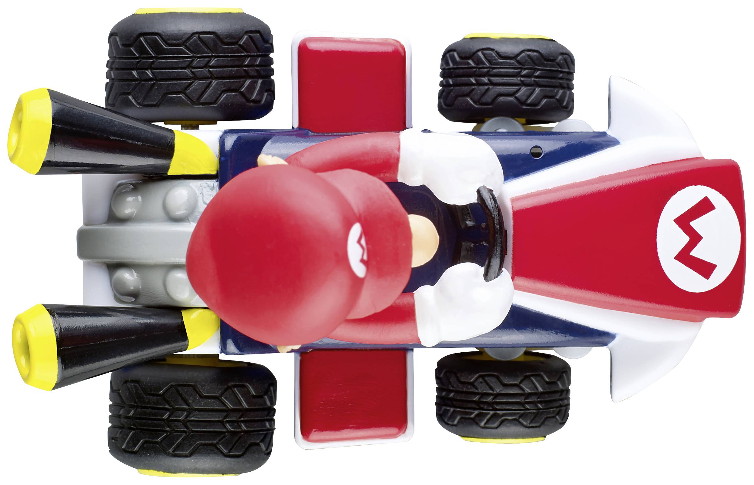 A small toy car viewed from above, with a driver wearing a red helmet and large tyres; reminiscent of a go-kart toy.
