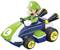 Toy car, inspired by a famous video game series, with green design and racing driver figurine. Two cannons are mounted at the rear.