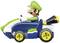 A toy car with green and blue colouring. It shows a figure wearing a green hat and moustache, driving the car.