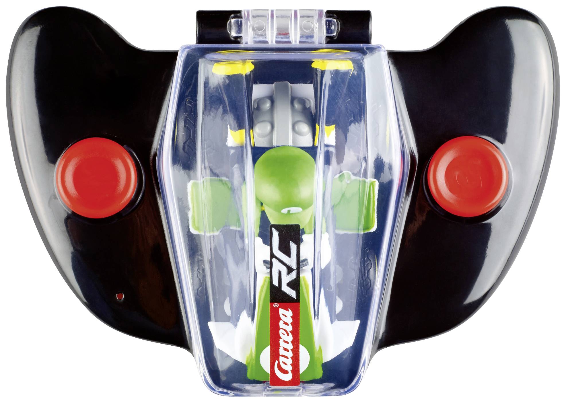 Joystick with a transparent casing; green character visible inside. Two large red buttons on the left and right.