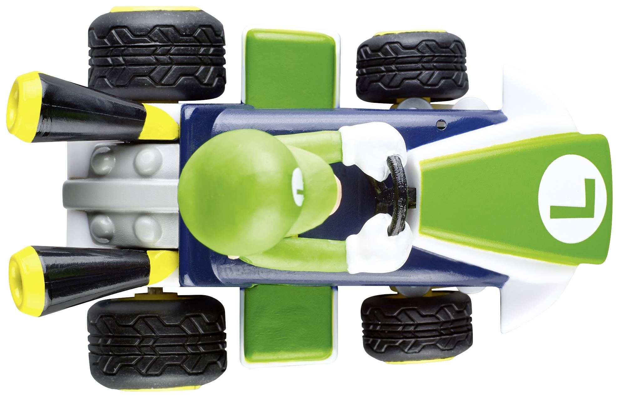 A toy figure in a green go-kart racing car with large black tyres, viewed from above.