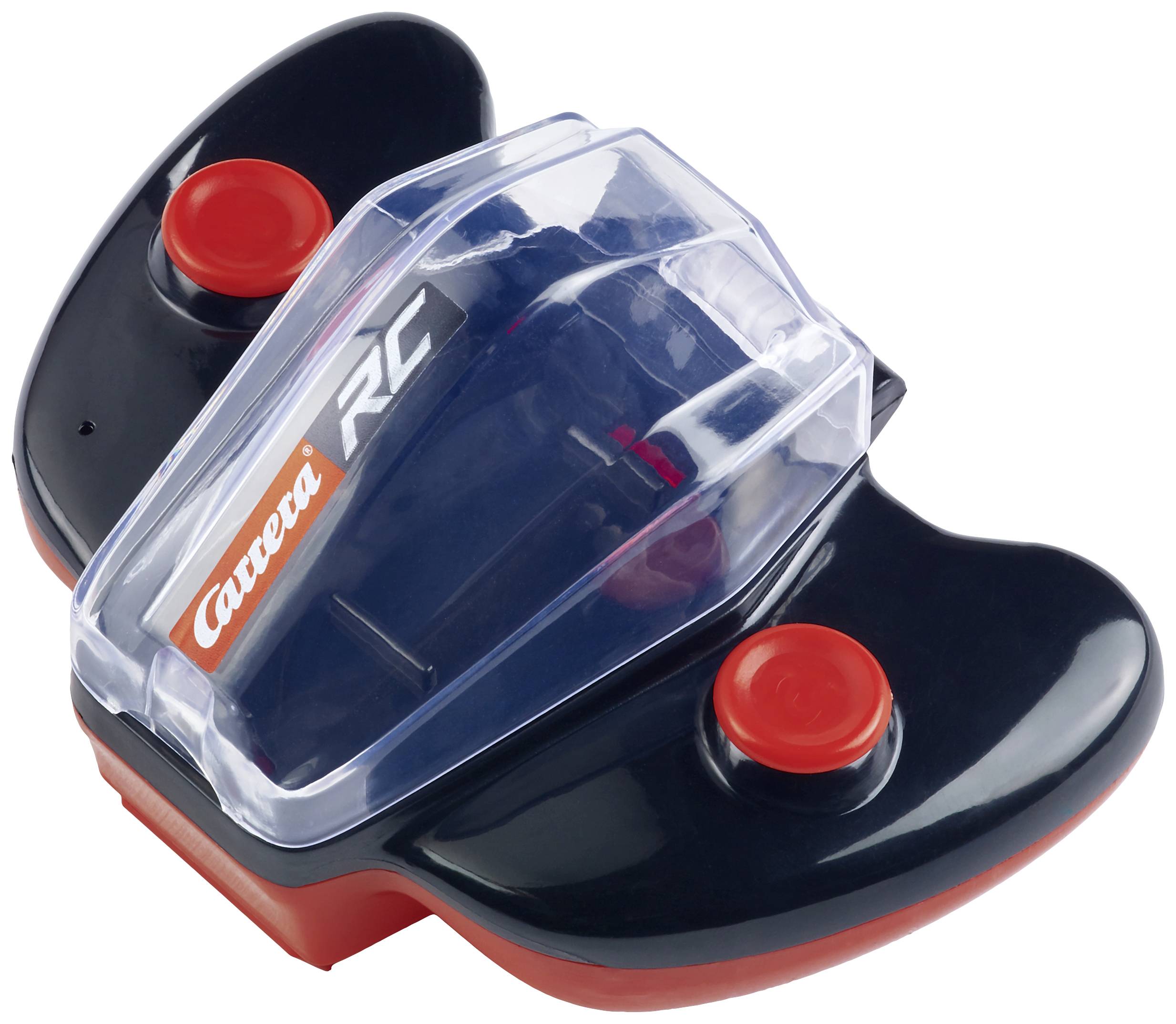 Black RC controller with a red button and transparent protective casing. 'Carrera RC' brand logo visible.