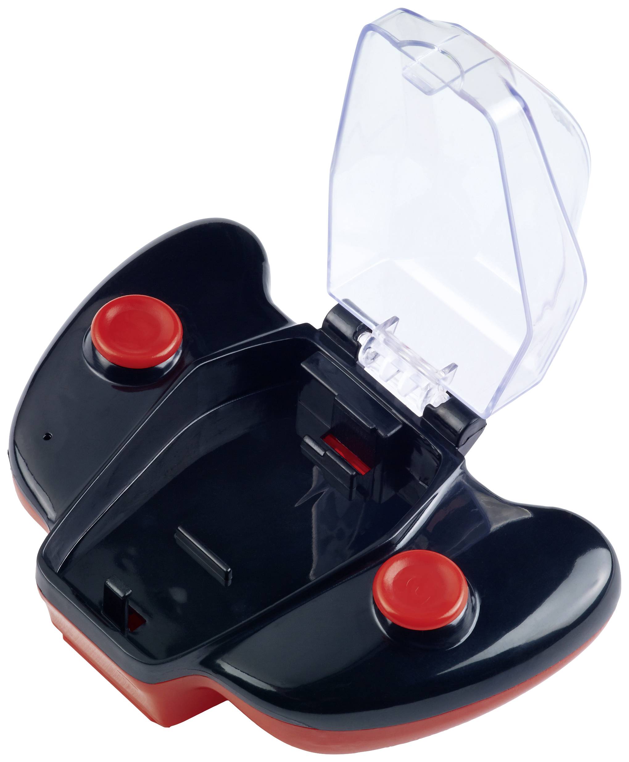 A black and red controller with two large red buttons and a transparent cover.