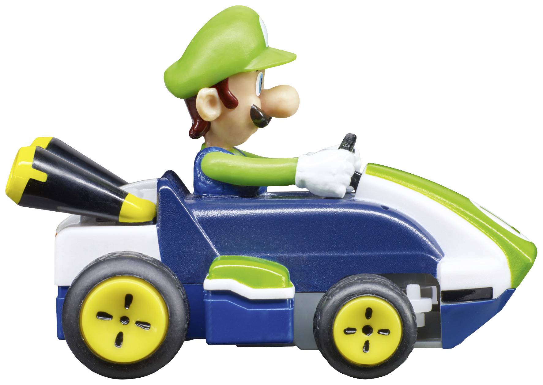 A toy car with a green cap and a driver figure in green attire. It has yellow wheels and black details at the rear.