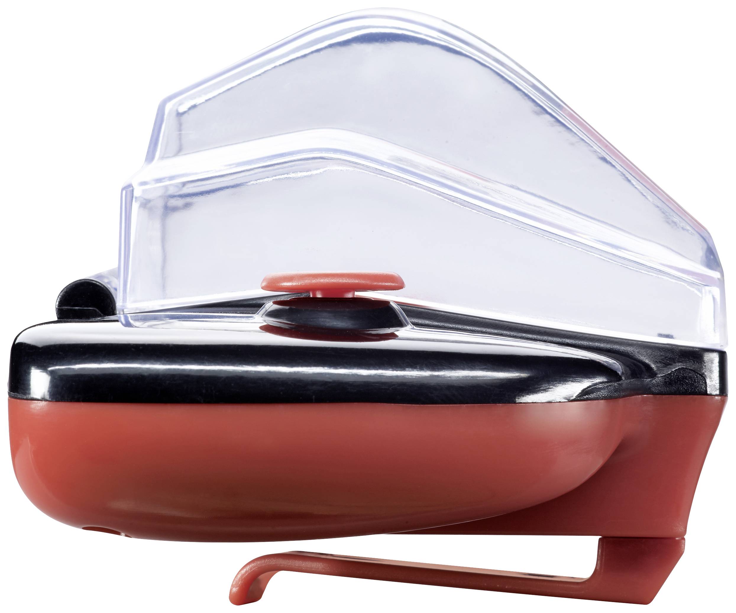 A red and black hand stapler with a transparent plastic cover, viewed from the side. Perfect for office tasks.