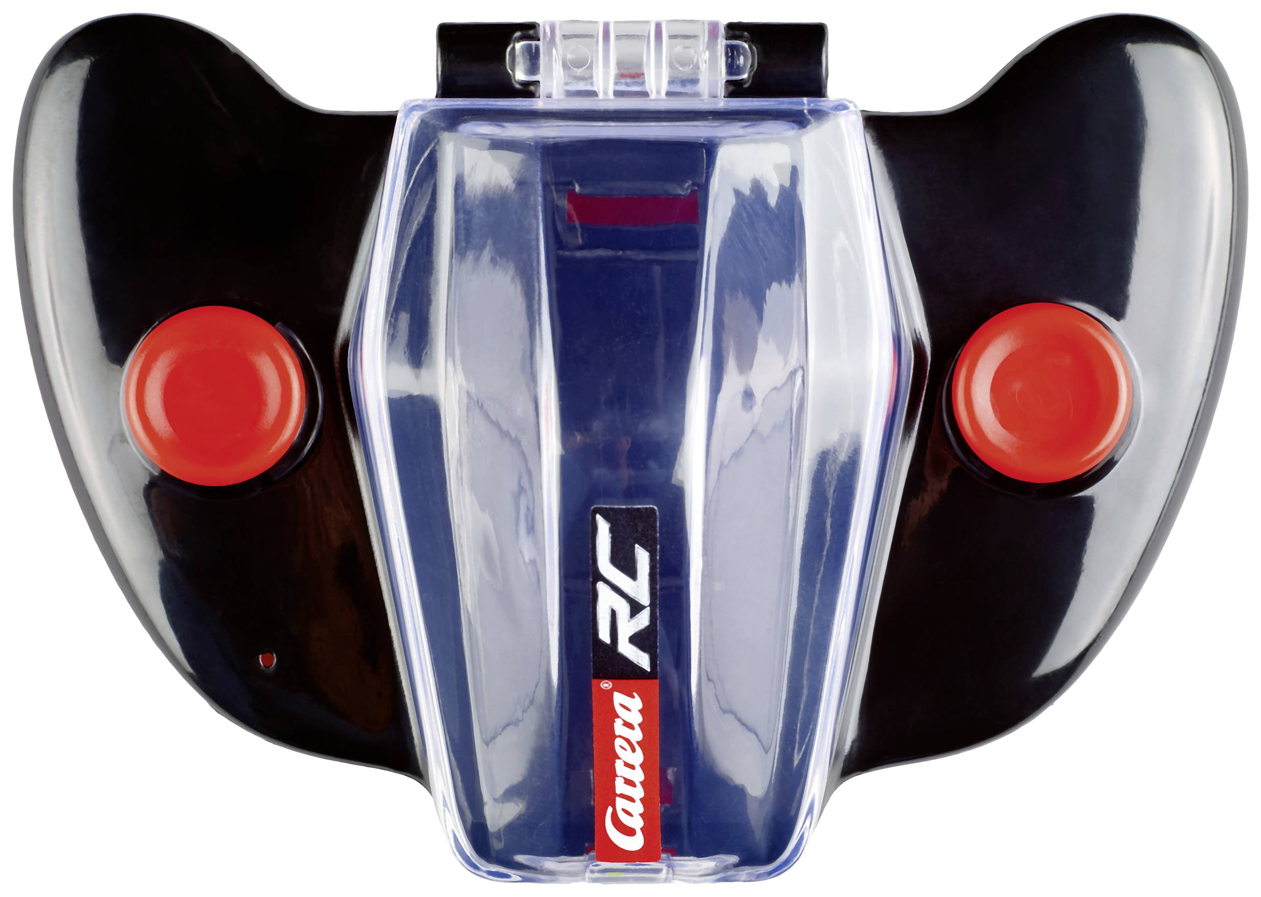 A wireless Carrera RC controller in black with two red buttons on the right and left, and a transparent central section.