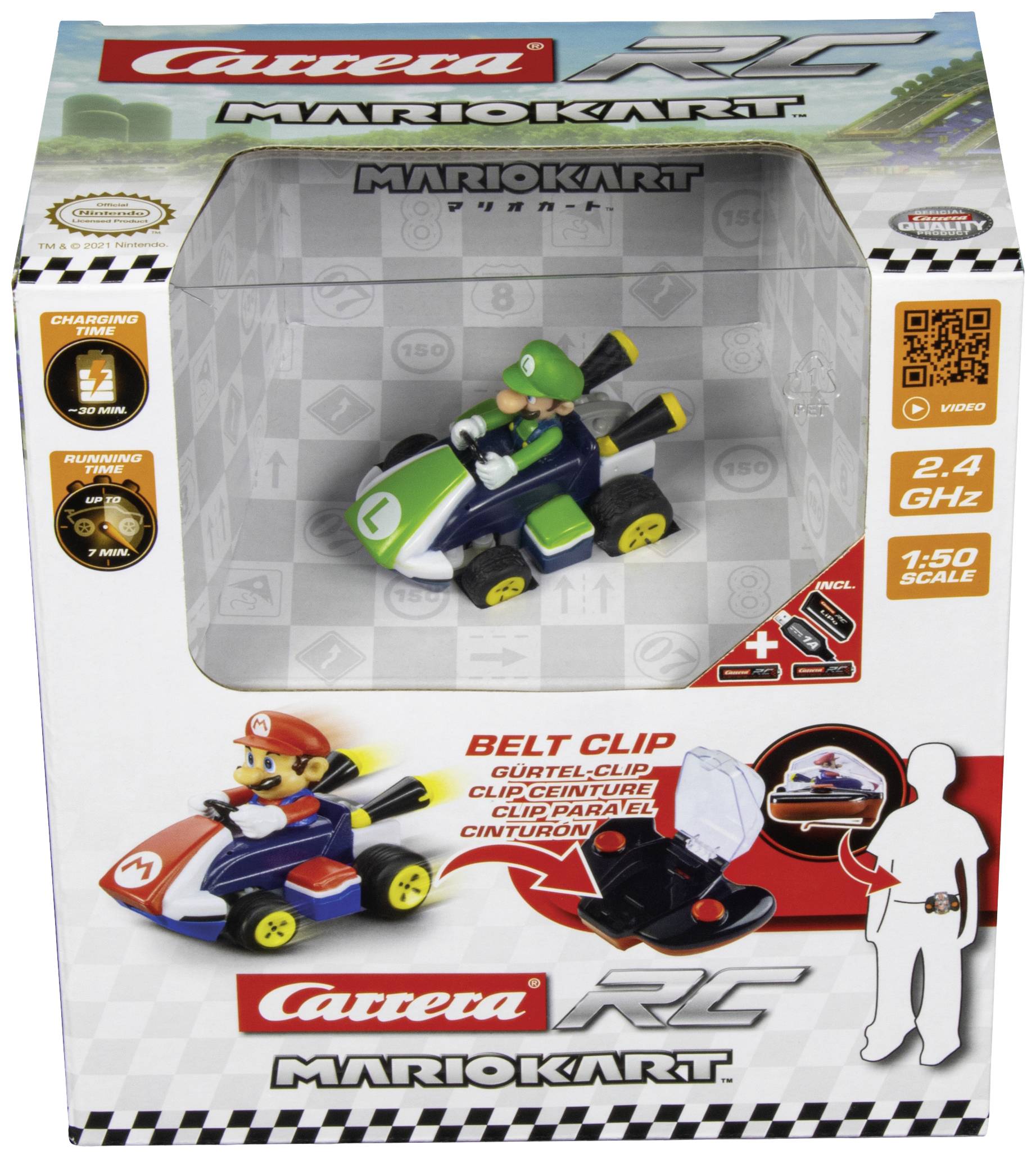 Card game toy packaging with a small green playing piece in a kart. Printed with 'Carrera RC Mario Kart', featuring a belt clip illustration.