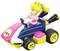 Toy car in the shape of a go-kart with a figure in a pink outfit and yellow hair at the wheel.