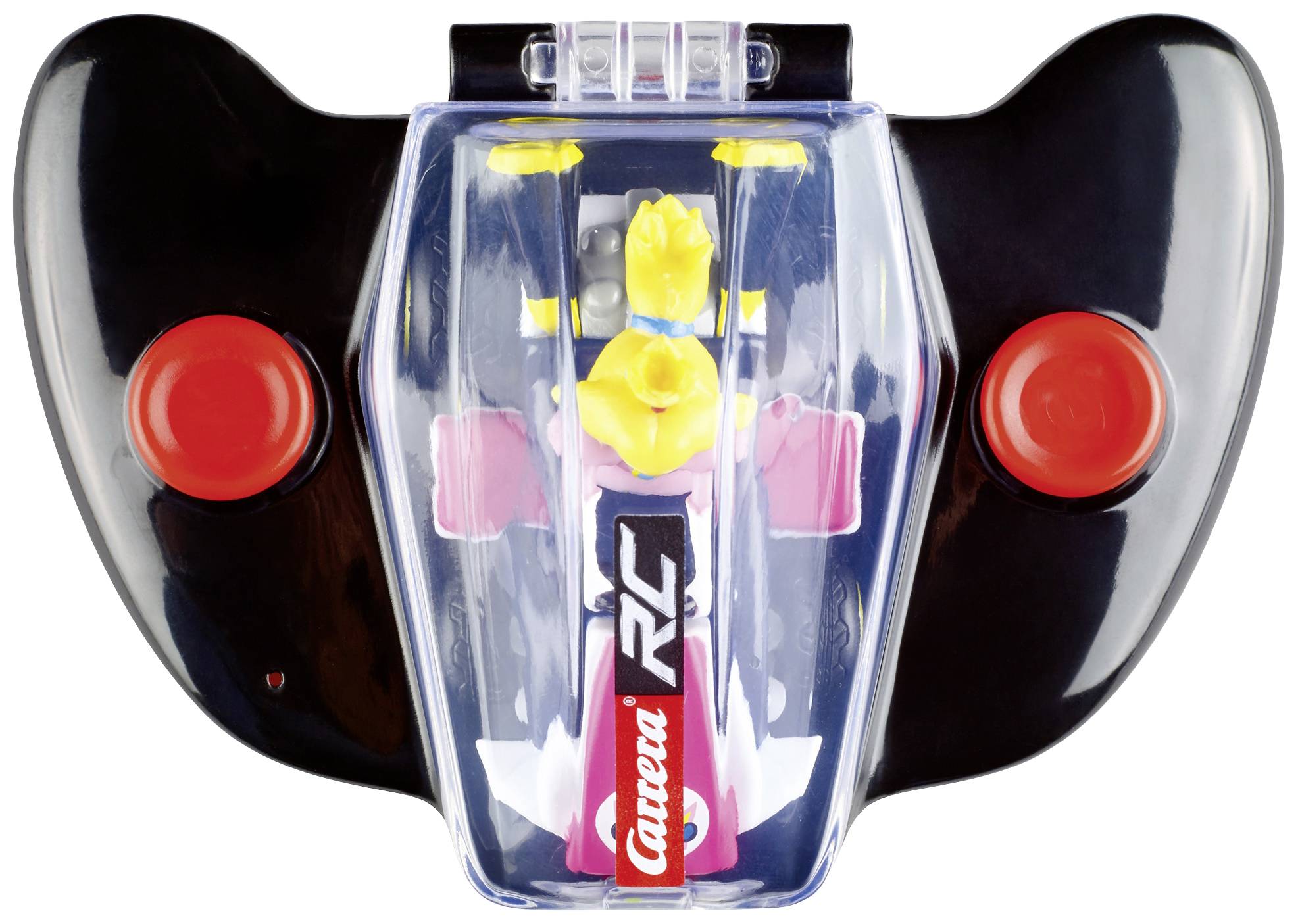 Toy remote control in racing car design with a black casing, red buttons and a transparent central section featuring a miniature figure.