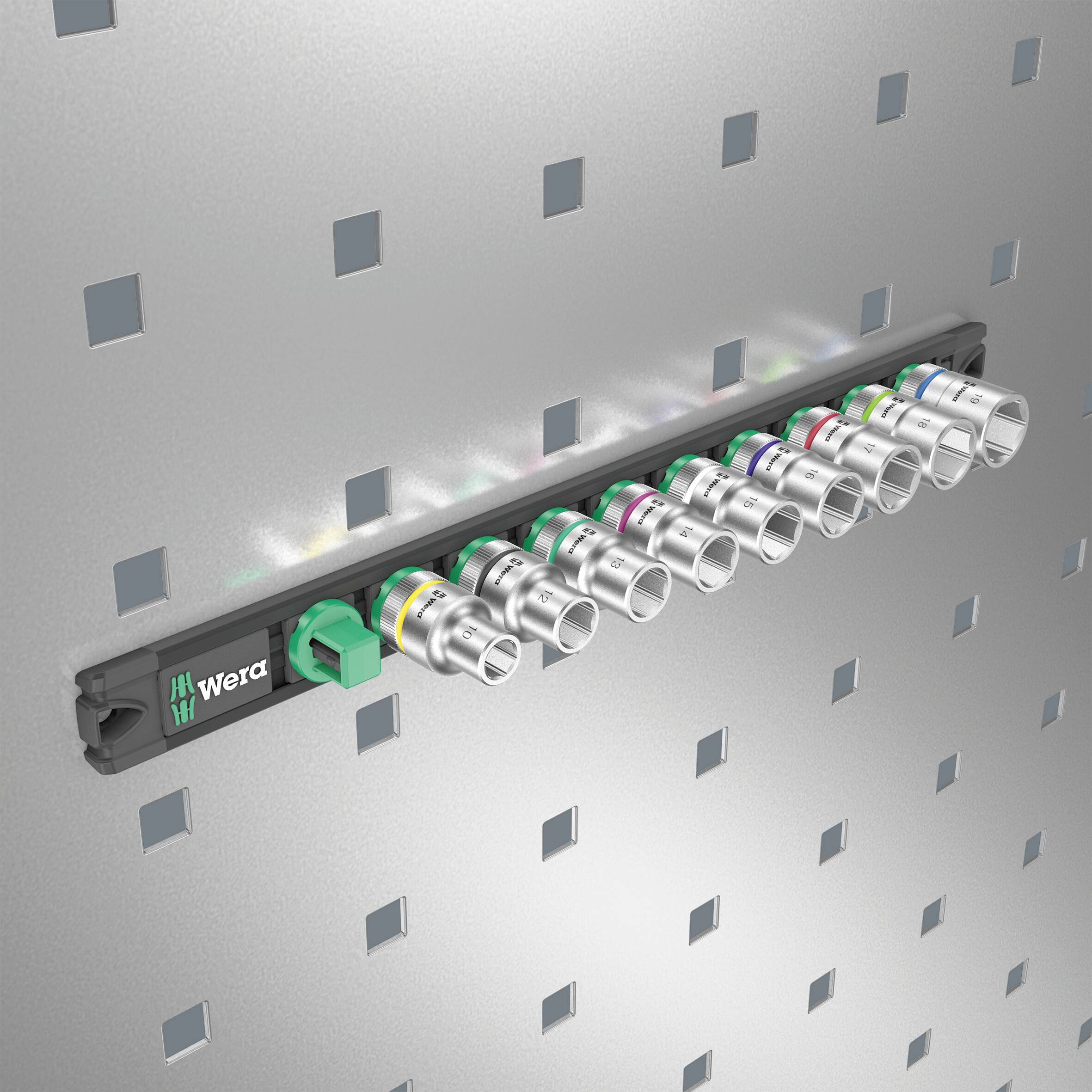 Socket set mounted on a pegboard. Ten inserts arranged in a row, well-organised for easy accessibility.