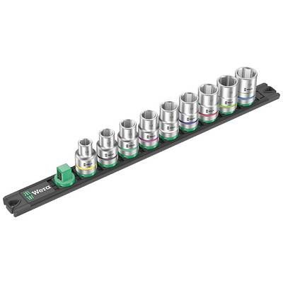 A set of ten socket wrenches in various sizes on a holder. Each has a coloured ring for identification.
