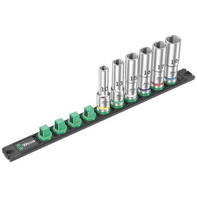 'Tool holder with seven socket wrenches by Wera. Sizes: 10 to 19 mm. Each socket wrench has a colour-coded base.'