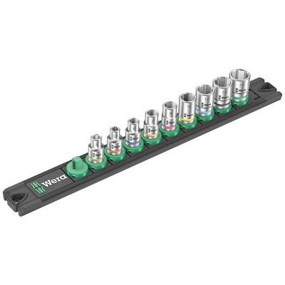 'Set of ten Wera socket wrenches in various sizes on a holder, colour-coded for different measurements.'