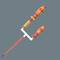 Two isolated screwdrivers, one with a flat head, the other with a Phillips head, red handles with a yellow pattern, on a grey background.
