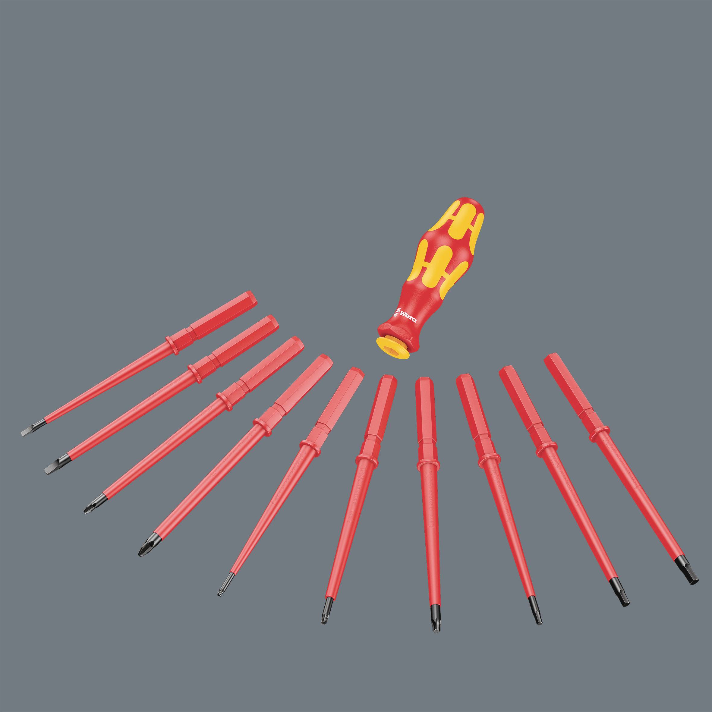 'Red and yellow screwdriver handle with ten red interchangeable bits in various sizes, arranged on a grey background.'