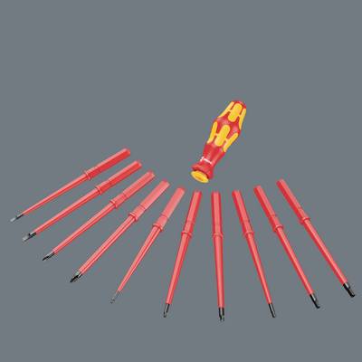 A set of isolated screwdrivers with a single handle and ten differently sized bits on a grey background.