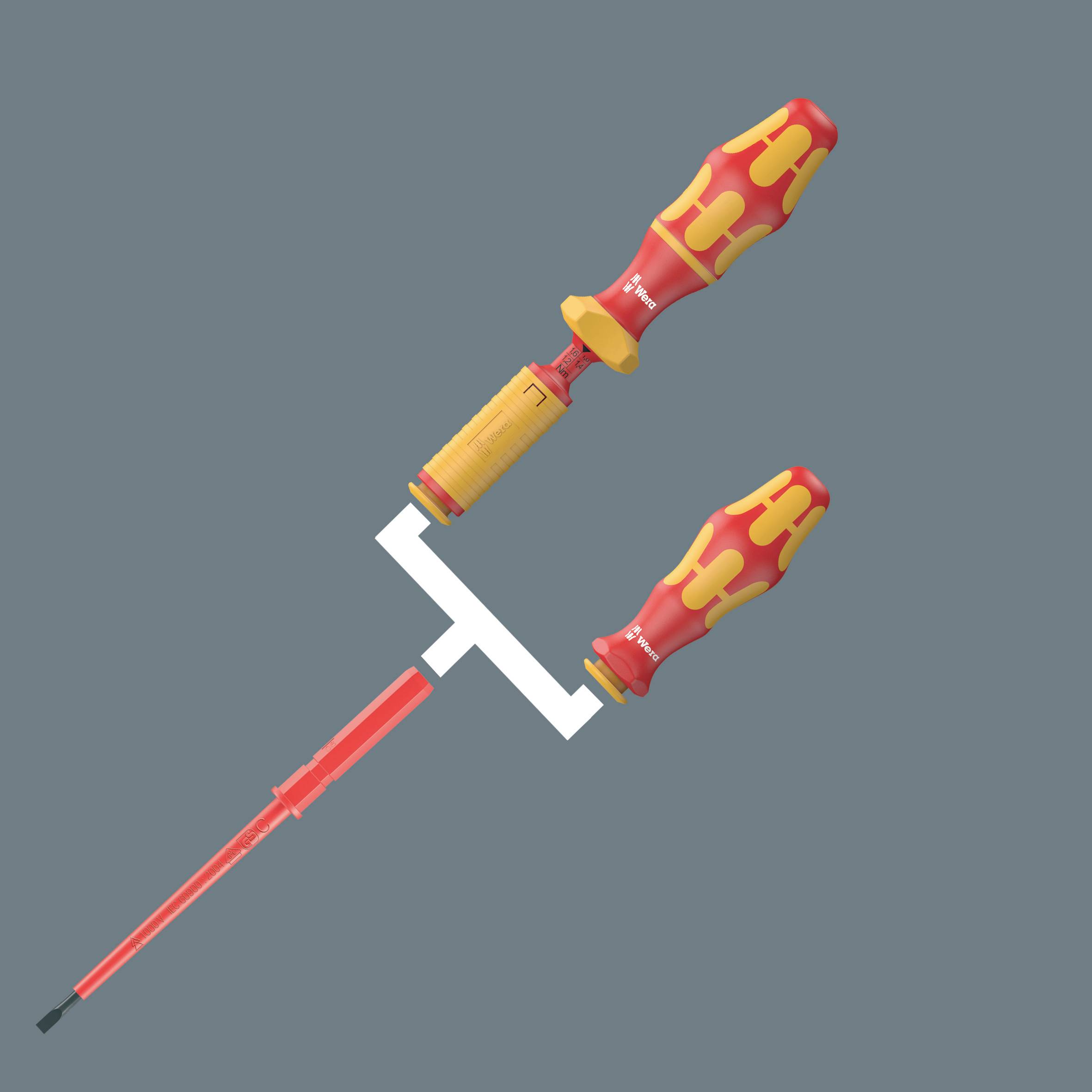 'Two screwdrivers with insulated handles, Phillips and flathead, laid on top of each other, against a grey background.'