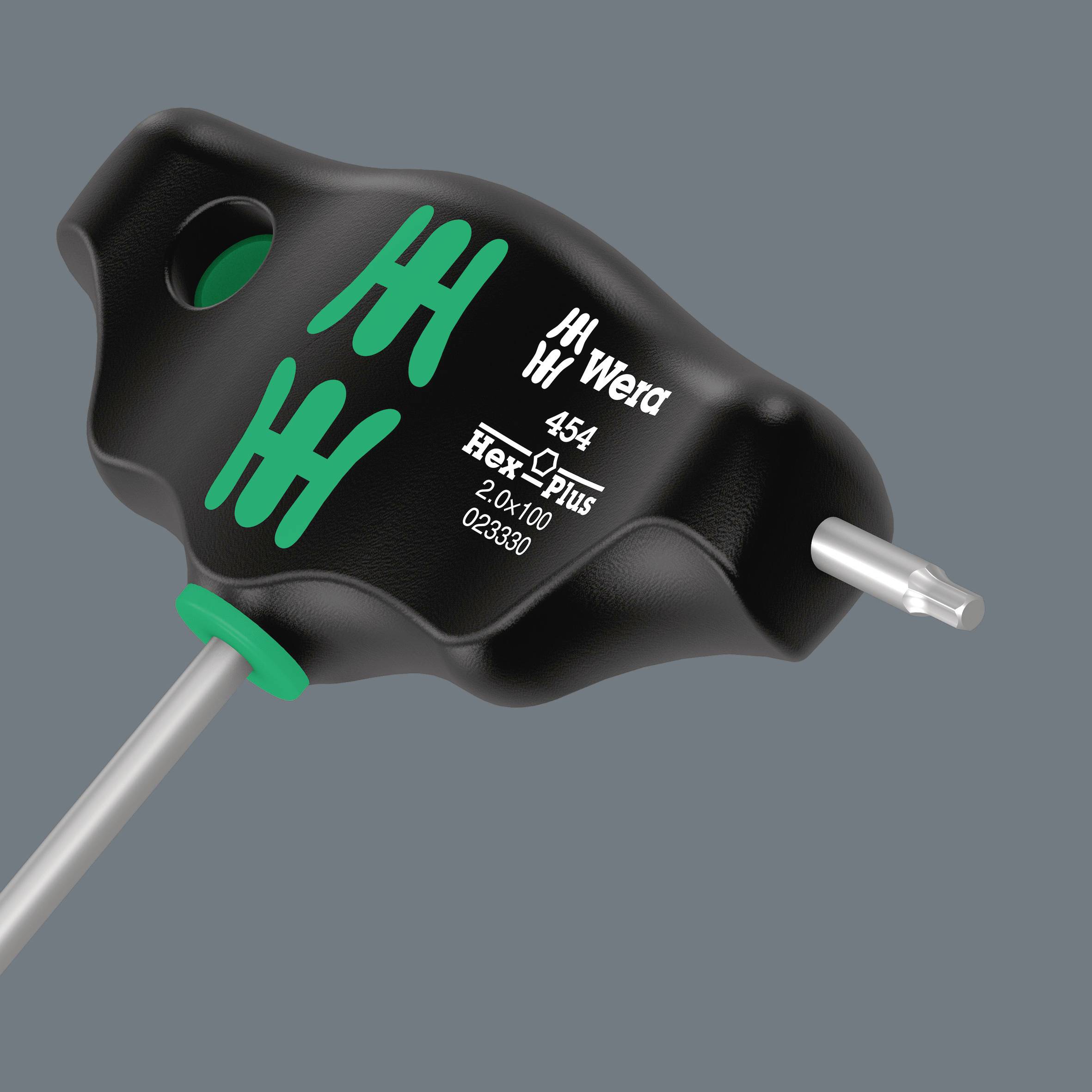 A black T-handle hex key from Wera, Hex-Plus 454 model, with a green logo. A tool for precise, ergonomic applications.